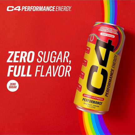 C4 Performance Energy Drink Cosmic Rainbow, Zero Sugar Carbonated Preworkout Energy, 200mg Caffeine with Beta Alanine, 16 Fl Oz (12 Pack), Packaging May Vary