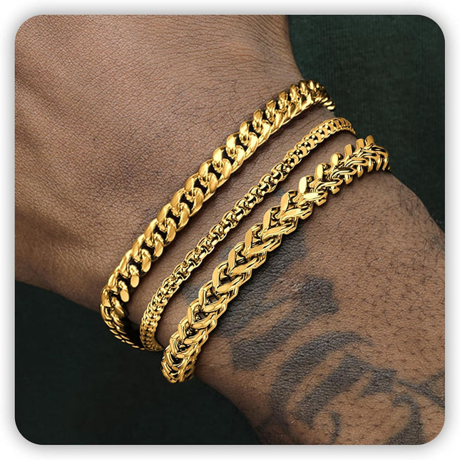 Silver and Gold Bracelet for Men, Cuban Chain Bracelet Set Water Proof Stainless Steel Bracelet for Him, Adjustable