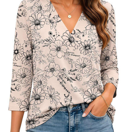Womens 3/4 Sleeve V Neck Tops Loose Fit T Shirts Casual Blouses