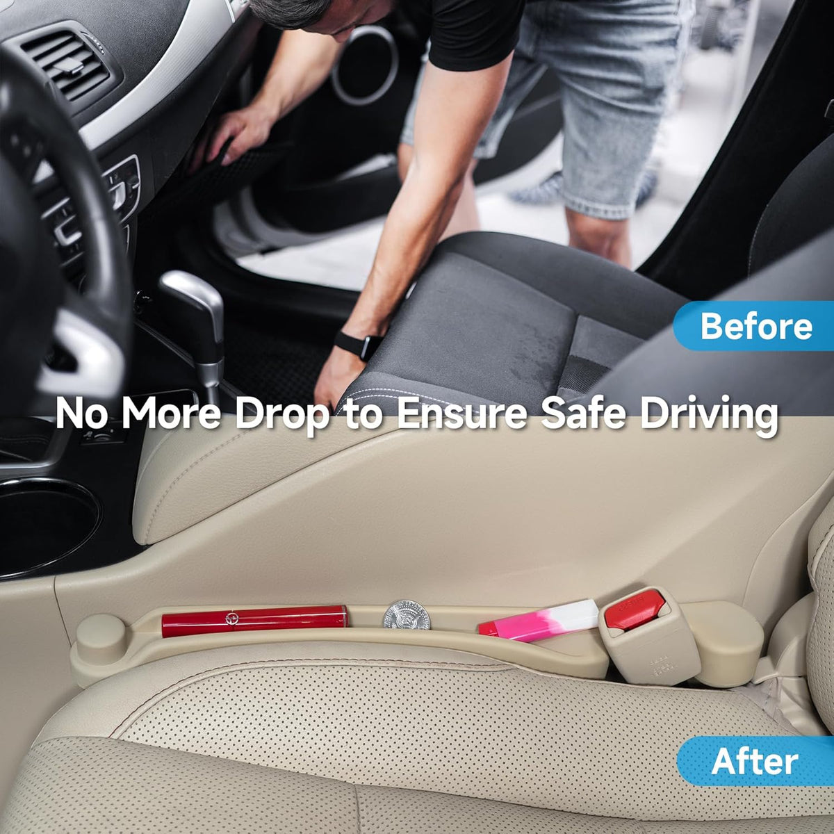 Car Seat Gap Filler Set of 2, Soft Foam Multifunctional Seat Side Gap Filler with Organizer & Hook - photo 2