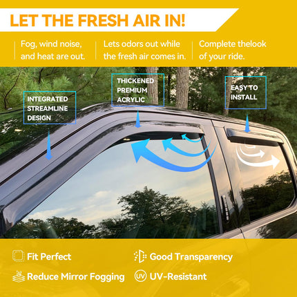 Window Visor for Jeep Cherokee 1984-2001 (Excludes Limited Model), Out-Channel Rain Guards Shields Vent Deflector Shade Wind Dark Smoke, Tape-On Outside-Mount, 4PCS
