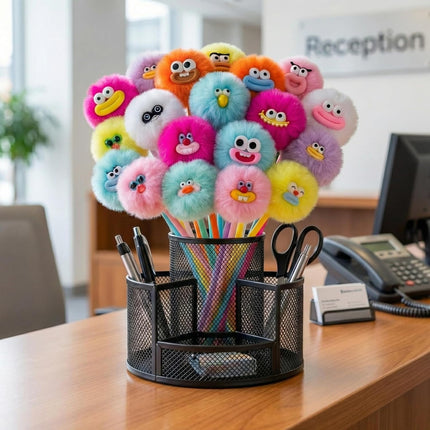 OMyFav 24 PCs Pom Pom Pens — Fluffy Fuzzy Plush Pens Cute Kawaii Novelty Fun Pen for Kids Adults Novelty School Stationery Set Classroom Prizes Party Favors for Girls and Boys Office Supplies Gifts