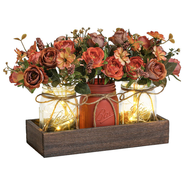 3 Pcs Mason Jar Centerpiece Table Decorations for Dining Table Decor Farmhouse Coffee Table Decor with Wood Tray and Led Light Table