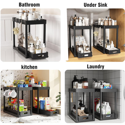 2 Pack Pull-Out Storage Organizers, Under Sink Organizer and Storage for Bathroom & Kitchen,Multi-Purpose Under Cabinet Organizers and storage Black