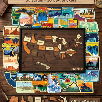 Wooden USA Travel Map Puzzle, A Stylish Way to Track Your Journey & Memories, Journey Tracker Maps Pin Board for Traveling, Removable USA Maps Puzzles for Traveling, Couple Family Art Home (1pc)