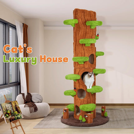 KAMABOKO 90.5 Inch Luxury Cat Tree with Scratching Post, Tall Cat Tree Tower with Sisal Scratching Pad, Multiple Jumping Platforms, Cute Hanging and Spring Toys, Large Cat Condo for for Indoor Kittens