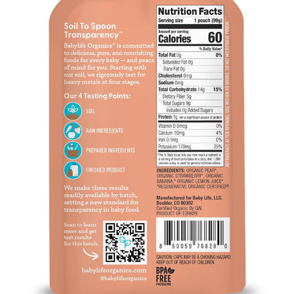 Babylife Organics Stage 2 - Pear, Strawberry & Banana, 3.5 Ounce Pouch (6 Pack) - Heavy Metal Safe, Organic Baby Food