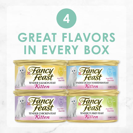Purina Fancy Feast Tender Ocean Whitefish, Turkey, Chicken and Salmon Feasts Wet Kitten Food Variety Pack - (Pack of 24) 3 oz. Boxes