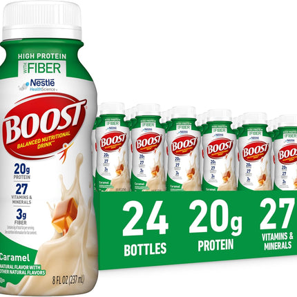 BOOST High Protein with Fiber Ready to Drink Complete Nutritional Drink, Caramel, 8 fl oz Bottle, 24 Pack