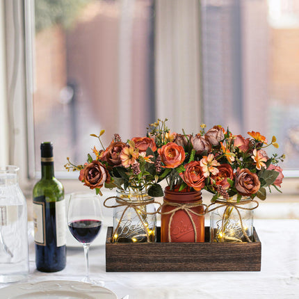 3 Pcs Mason Jar Centerpiece Table Decorations for Dining Table Decor Farmhouse Coffee Table Decor with Wood Tray and Led Light Table Centerpieces for Dining room Kitchen Living Bathroom,Orange