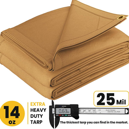 PROTARP Heavy Duty 14 OZ Water Resistant Canvas Tarp, UV Resistant Tarpaulin Cover with Rustproof Brass Grommets, Multipurpose for Canopy, Roof, Camping, Woodpile (Tan 5'X7')