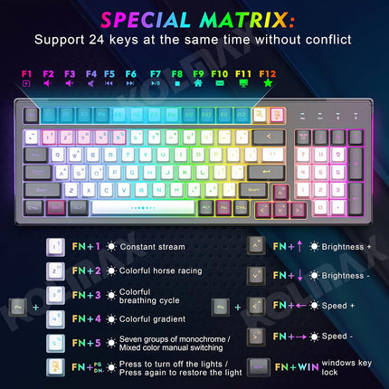 CK98 Wireless Gaming Keyboard and Mouse Combo,Rechargeable RGB Grey Gaming Keyboard RGB Backlit 98 Keys Mechanical Feeling Dual Color Keyboard and Gaming Mouse 3200DPI for PC Mac Gamers(GreyWhite)