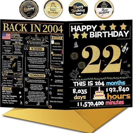 Joycard 22nd Birthday Card with Envelope, 22nd Birthday Decorations for Her Him, 22nd Birthday Gifts for Daughter Son, Happy Birthday Cards for 22 Year Old Grandson Granddaughter, Back in 2004