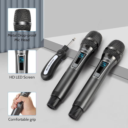 Easy Install Wireless Microphone, No Delay Handheld Microphone System with Rechargeable Receiver, Suitable for Singing, Teaching, Church, Weddings, and DJ Events (Black, 2 Microphone)