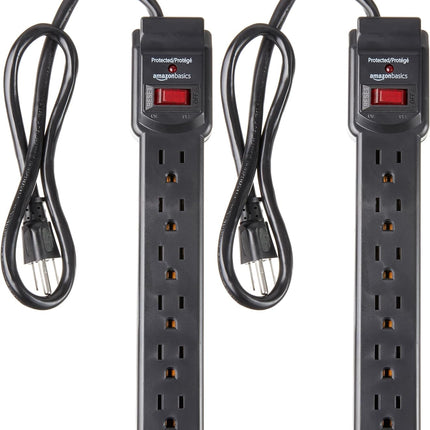 6-Outlet Surge Protector Power Strip with 200J Protection, Circuit Breaker, 2ft Extension Cord, Black, 2-Pack