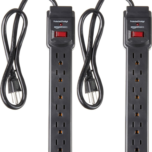 6-Outlet Surge Protector Power Strip with 200J Protection, Circuit Breaker, 2ft Extension Cord, Black, 2-Pack