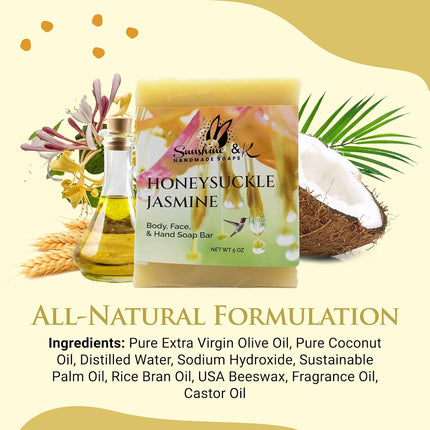 Sunshine & K Handmade Soaps Honeysuckle Jasmine - Body & Hand Soap Bar, Handmade Bath Soap, Moisturizing Bar Soap With Beeswax, Rice Bran Oil, & Natural Base Oils, Soap Bars, 5 oz
