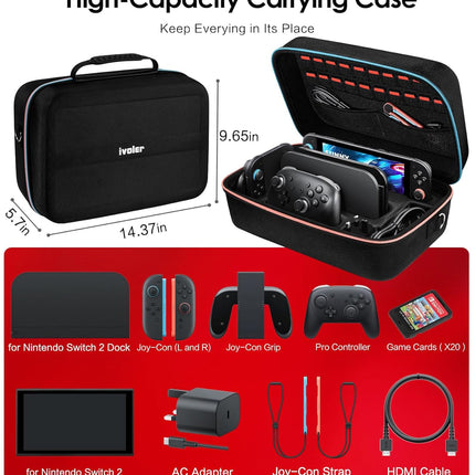 ivoler Carrying Storage All in One Case for Nintendo Switch 2 (2025),Portable Travel All Protective Hard Messenger Bag Soft Lining 20 Games for Switch 2 Console Pro Controller Accessories Black