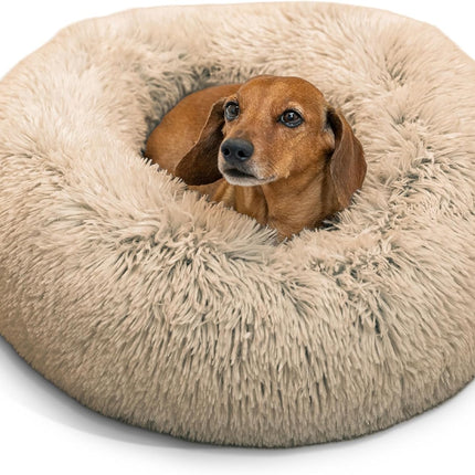 Best Friends by Sheri The Original Calming Donut Dog Bed for Small Dogs up to 25 lbs, Shag Faux Fur, Taupe, 23" x 23"