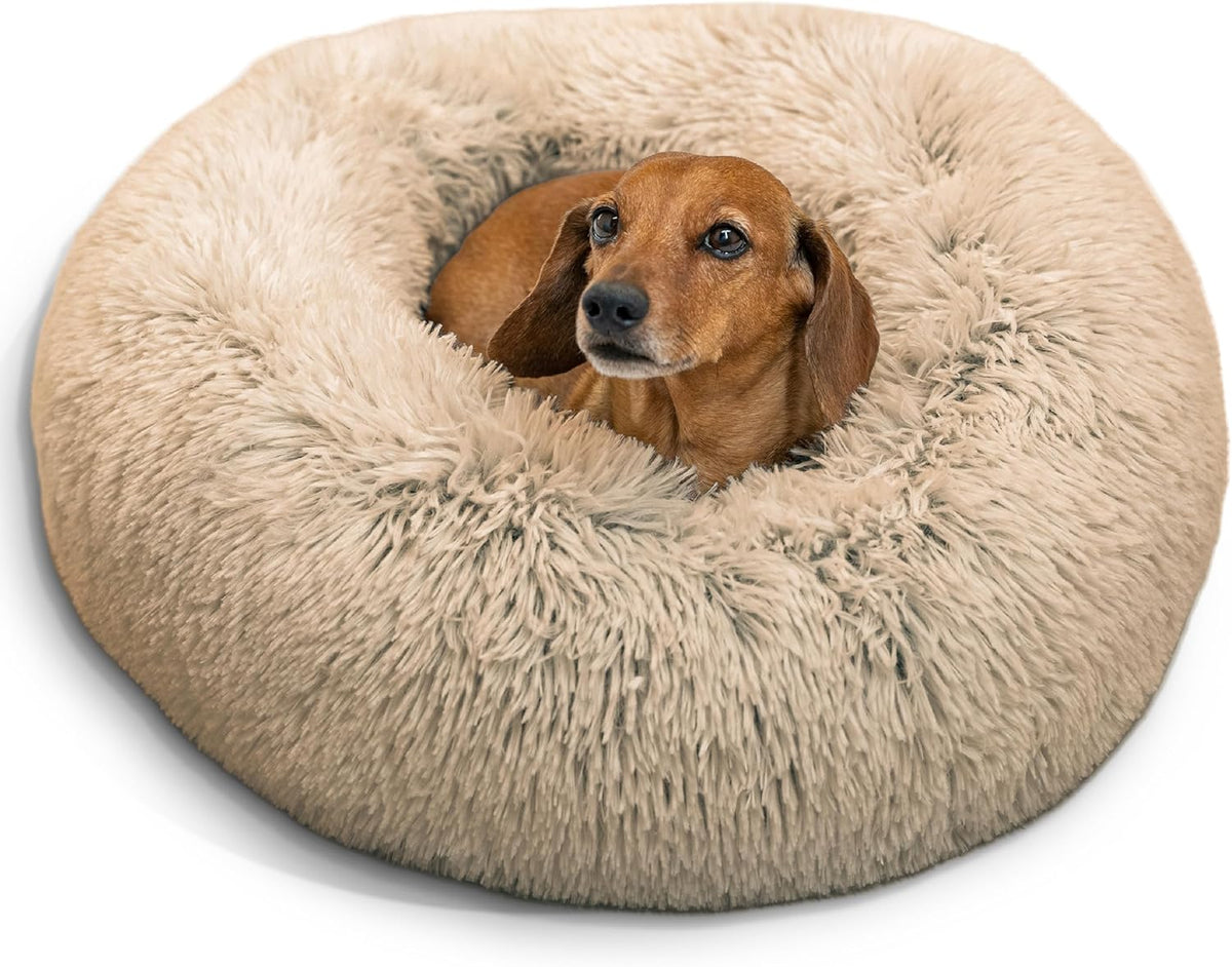 Calming Donut Dog Bed for Small Dogs up to 25 lb, Taupe Shag Faux Fur, 23 x 23 in
