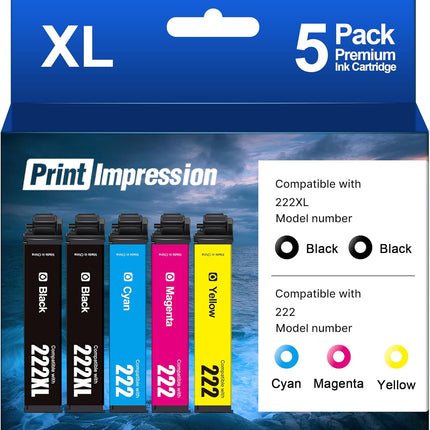 for 222XL Ink Cartridges for Epson Printer Remanufactured for Epson 222XL Ink Cartridges Combo Pack for Epson 222 Ink Work for Workforce WF-2960 Expression XP-5200 Printer (5 Pack)
