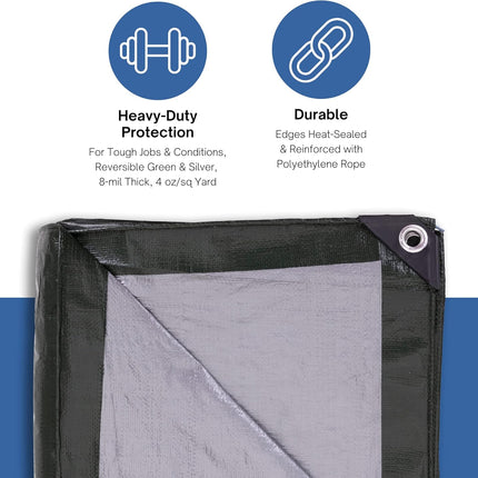 Kotap 12 x 14 Ft. Heavy-Duty Protection/Coverage Tarp, 8-mil, Reversible, Multi-Use, Waterproof, Green-Silver, (TGS-1214)