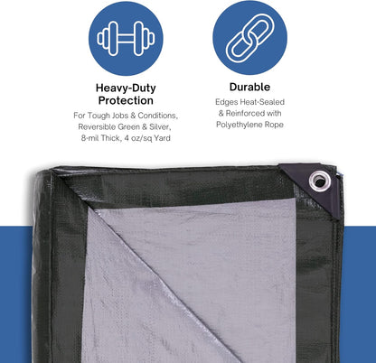 12 x 14 Ft Heavy-Duty Waterproof Tarp, 8-mil, Reversible Green-Silver - photo 3