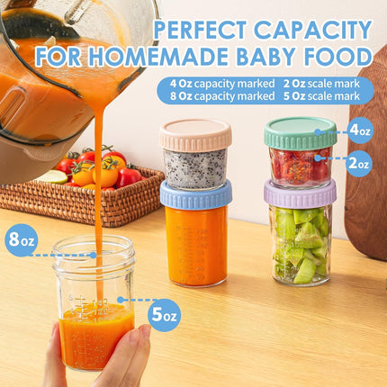 DRKIO 6 Pack Glass Baby Food Storage Containers - 4 & 8 oz Baby Food Jars with Lids Baby Food Maker Microwave Dishwasher Freezer Safe 100% Leak Proof BPA Free Reusable