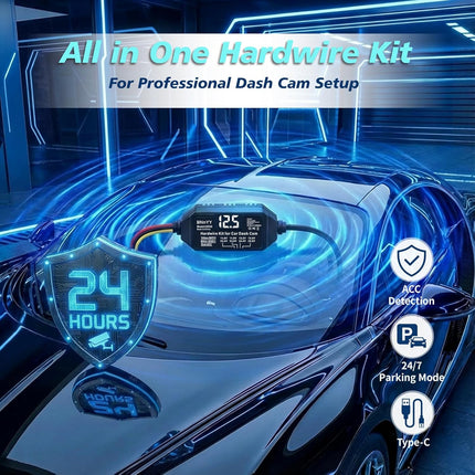 USB C Hardwire Kit for Dash Cam with Low Voltage Protection,Acc Detection,4-Level Adjustable Voltage (11.6V-12.5V)&Digital LED Voltmeter,3-Lead Cable for Dash Camera Parking Mode,Fuse Taps Included