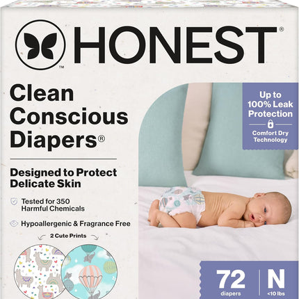 The Honest Company Comfort Dry Disposable Diapers for Sensitive Skin, Hypoallergenic, Above It All + All The Alpacas, Club Box Size Newborn 72 Count