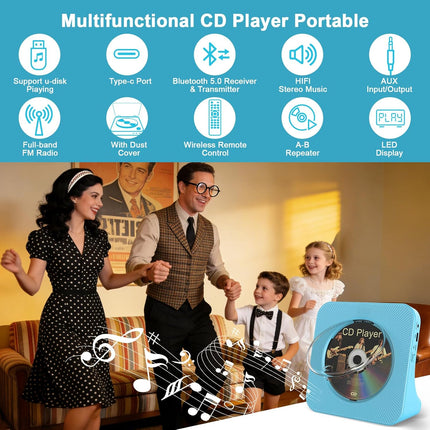 Gueray CD Player Portable Bluetooth Desktop CD Player for Home with Timer Built-in HiFi Speakers with LCD Screen Display Boombox FM Radio USB Type-c (Blue)