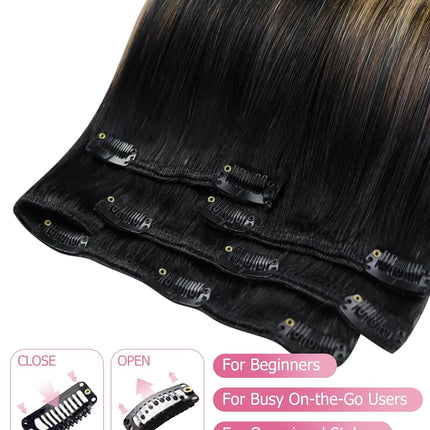 YoungSee 18 Inch Ombre Clip in Hair Extensions 120G Balayage Clip in Human Hair Extensions Natural Black Ombre Dark Brown Mix Blonde, Can Be Heat-styled Clip ins Extensions for Women At Home 7Pcs