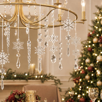 Crystal Christmas Tree Ornaments, Clear Acrylic Snowflake & Icicle, 18pcs