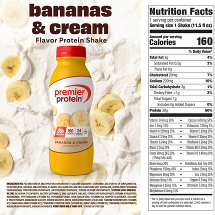 Shake, Bananas & Cream, 30g Protein, No Added Sugar, 24 Vitamins & Minerals to Support Immune Health, 11.5 fl oz, 12 Pack
