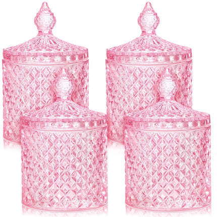 4 Pcs Crystal Glass Candy Jar Set with Lids Home Decorative Storage Jars for Apothecary, Bathroom, Kitchen, and Pantry, Ideal for Cotton Swabs and Jewelry (Medium,Green)