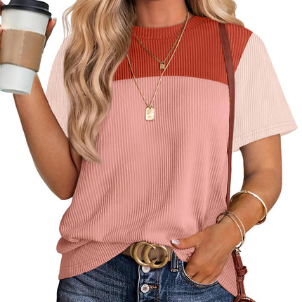 Womens Fashion 2026 Color Block Shirts Short Sleeve Knitted Summer Fall Tops Casual Trendy