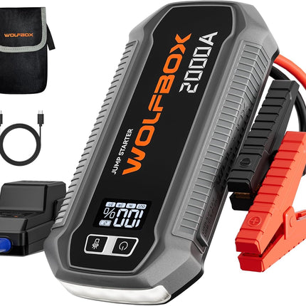 WOLFBOX 2000A Jump Starter, 44.4Wh Battery Jumper Starter Portable with LED Display, 12V Car Battery Jump Starter Pack (7L Gas 6L Diesel Engine) with Booster, LED Light, Jumper Cables (NO Adapter)