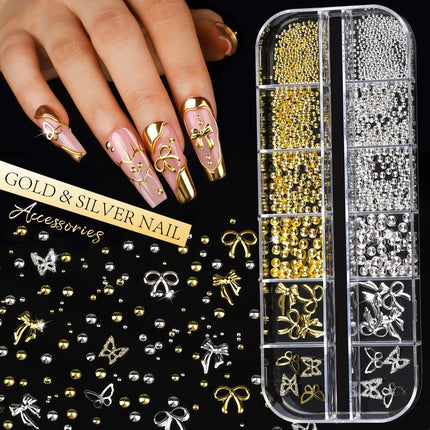 Gold and Silver Nail Charms and Gems Set, 6 Boxes Multi-Shapes Nail Gems Nail Rhinestones Nail Pearls for Nail Art Design