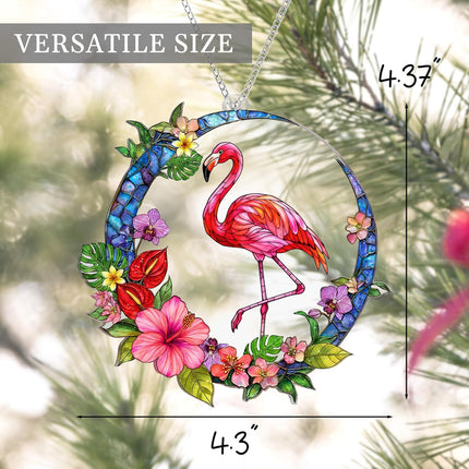 Flamingo Acrylic Suncatcher Window Hanging Ornament with Story Card, Flamingo Gifts for Women, Pink Christmas Tree Decorations, Tropical Palm Flamingos Hanging Decorations, Christmas Ornament (Moon)