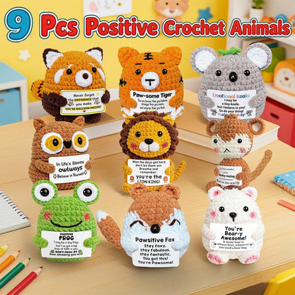 9Pcs Positive Crochet Animals with Messages Emotional Support Plushies Crochet Stuffed Animals Bulk Cute Affirmation Gifts for Teens Employee Appreciation Graduation Small Easter Basket Stuffers Gifts
