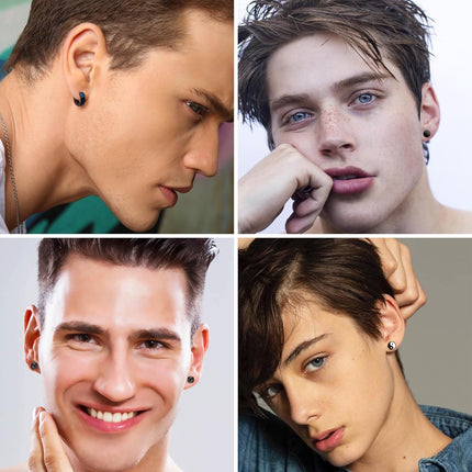 Trinckle Magnetic Earrings for Men and Women, 4 Pairs Clip on Earrings Stainless Steel Stud Earrings Hypoallergenic Cubic Zirconia Studs Small Non-piercing Silver Ear Cuff Black Fake Earring Set 6-8MM