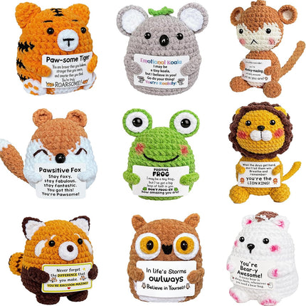 9Pcs Positive Crochet Animals with Messages Emotional Support Plushies Crochet Stuffed Animals Bulk Cute Affirmation Gifts for Teens Employee Appreciation Graduation Small Easter Basket Stuffers Gifts