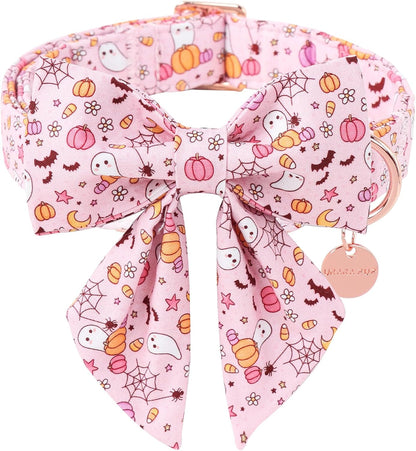 Pink Halloween Dog Collar with Flower, Adjustable Metal Buckle, M