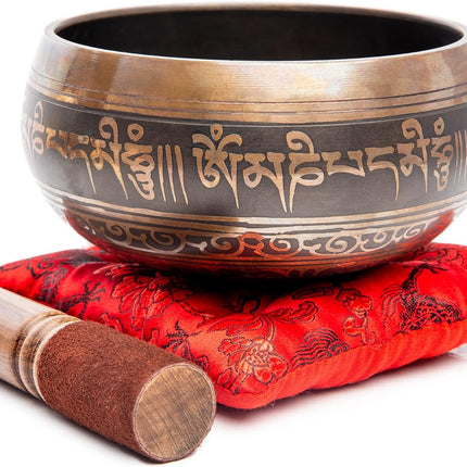 Premium Tibetan Singing Bowl Set – Handmade in Nepal Sound & Meditation Bowl – Spiritual Decor for Yoga, Wellness Spaces & Relaxation by Himalayan Bazaar (Brown & Red)