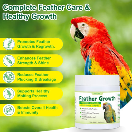 Parrot Feather Growth Supplement with Vitamins & Minerals Bird Feather Support Powder for Healthy Plumage Skin Condition Metabolism Support for Parrots and Companion Birds 60g