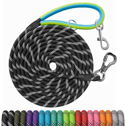 30 FT Dog Leash, Obedience Recall Training Agility Lead, with 2 Swivel Hooks, Reflective Threads and Soft Handle, Puppy Leash for Walking, Hunting, Camping for Small Medium and Large Dogs-Black