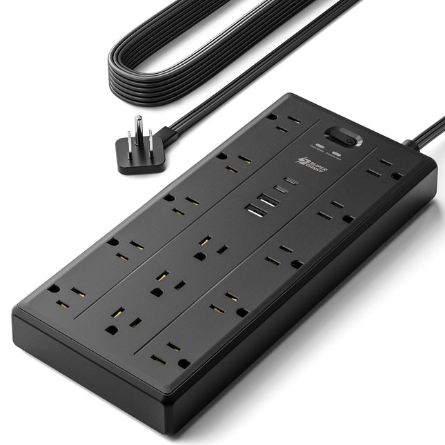 10Ft Extension Cord with Multiple Outlets, Flat Plug Power Strip