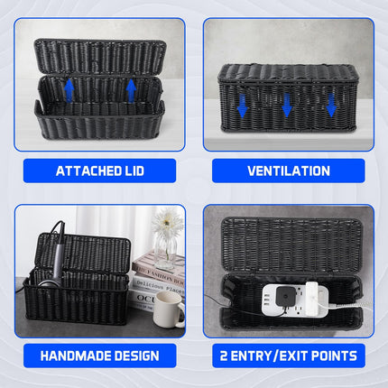 Cable Management Box, Handmade Rattan Cable Organizer with 2 Open Slots, Cord Hider for Power Strip, Router & USB Hub, Registered U.S. Design Patent (D1,112,102), 13" x 5.1" x 5.1", Black
