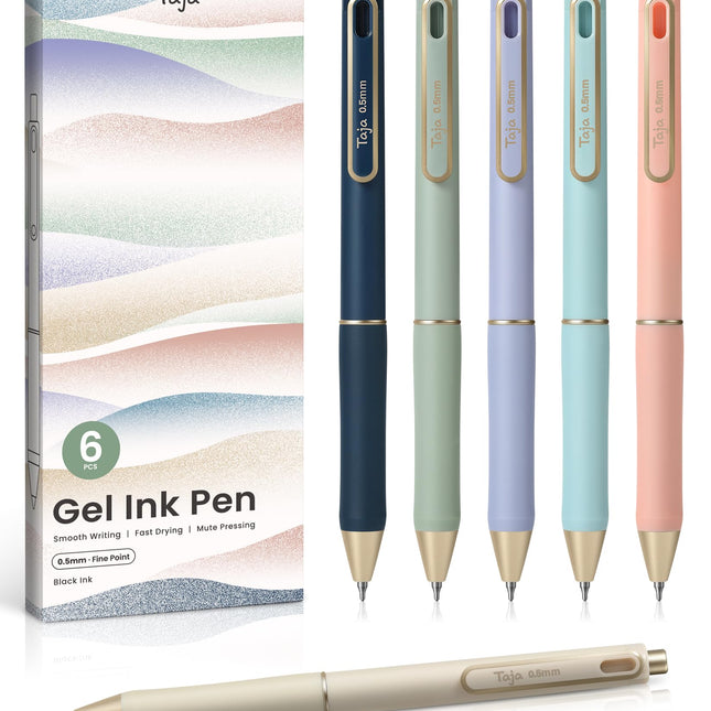 Gel Pens, 6 Pcs Quick Dry Black Ink Pens, 0.5mm Fine Point, Pastel