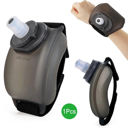 Wrist water bottle for sports being used during marathon running outdoors